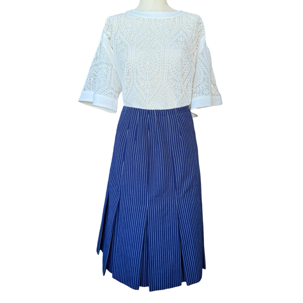 Vintage Givenchy Pleated Pinstripe Skirt Navy Blue Wool Blend High Waist 80s 90s
